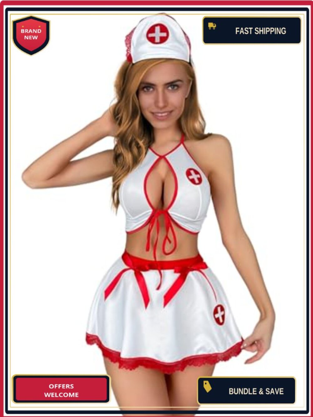 Sexy Nurse Lingerie Cosplay Costume Set Lace Halter Neck Bow 3 Piece